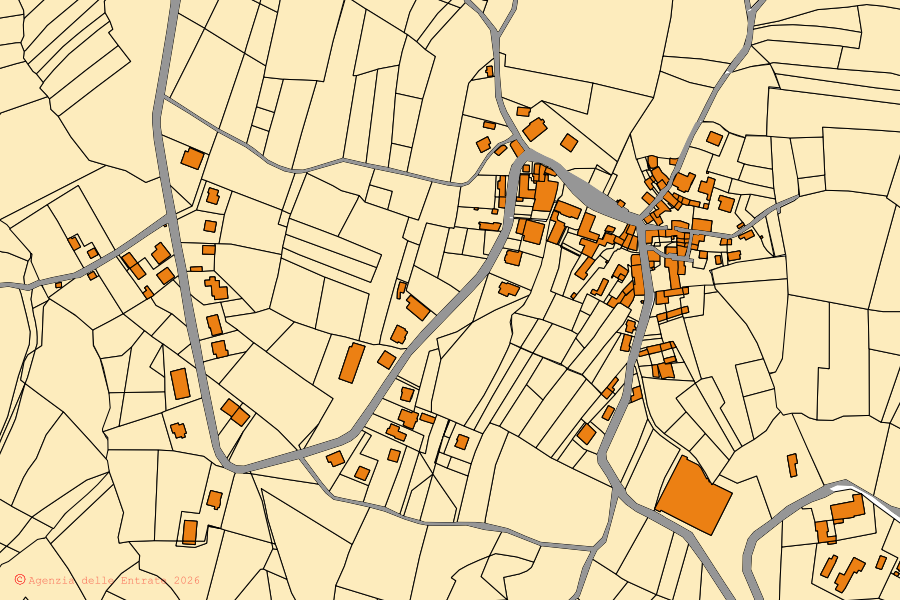 Cadastral map of the centre of Borgoratto Mormorolo: parcels and buildings, Agenzia delle Entrate cartography
