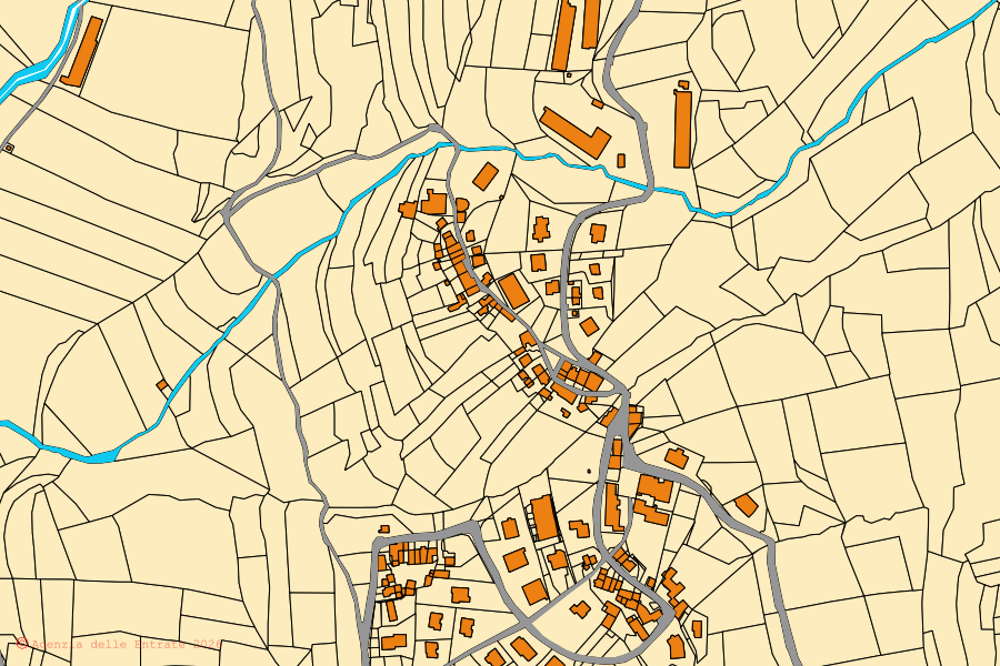 Cadastral map of the centre of Bosco Chiesanuova: parcels and buildings, Agenzia delle Entrate cartography