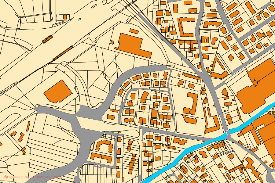 Cadastral map of the centre of Brandizzo: parcels and buildings, Agenzia delle Entrate cartography