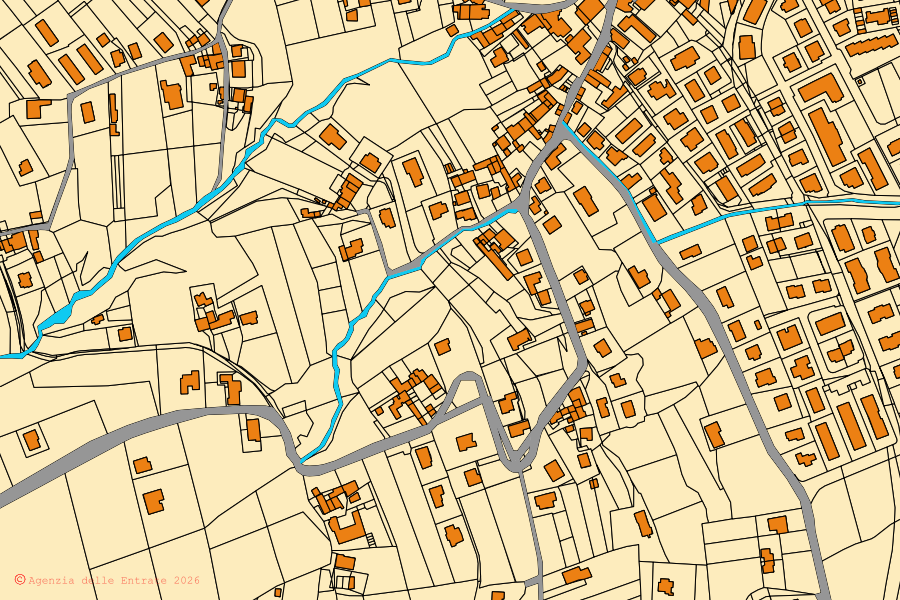 Cadastral map of the centre of Brogliano: parcels and buildings, Agenzia delle Entrate cartography