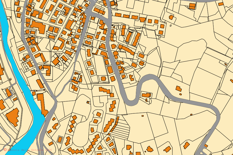 Cadastral map of the centre of Bucine: parcels and buildings, Agenzia delle Entrate cartography