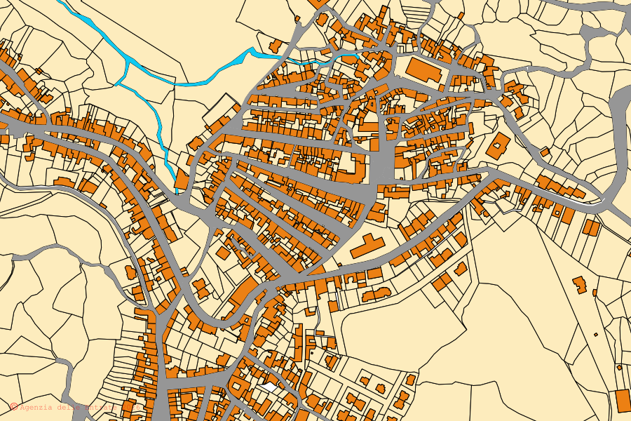 Cadastral map of the centre of Busachi: parcels and buildings, Agenzia delle Entrate cartography