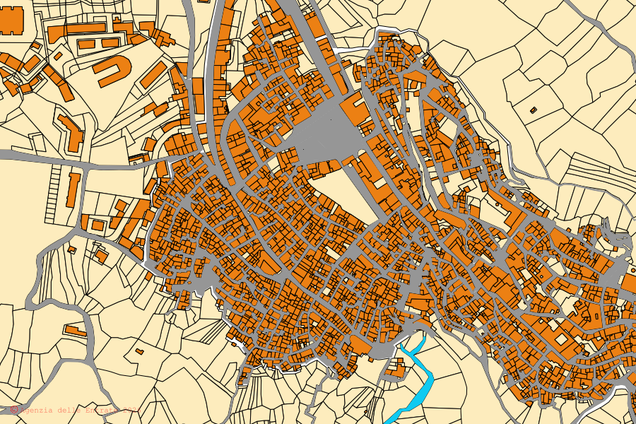 Cadastral map of the centre of Calascibetta: parcels and buildings, Agenzia delle Entrate cartography