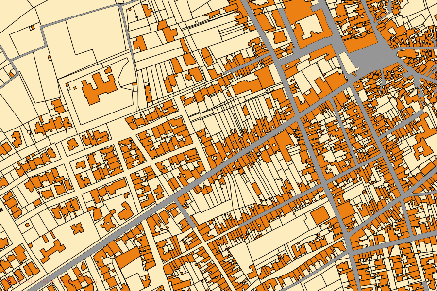 Cadastral map of the centre of Calimera: parcels and buildings, Agenzia delle Entrate cartography