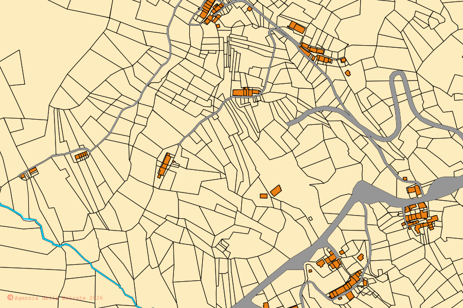 Cadastral map of the centre of Callabiana: parcels and buildings, Agenzia delle Entrate cartography