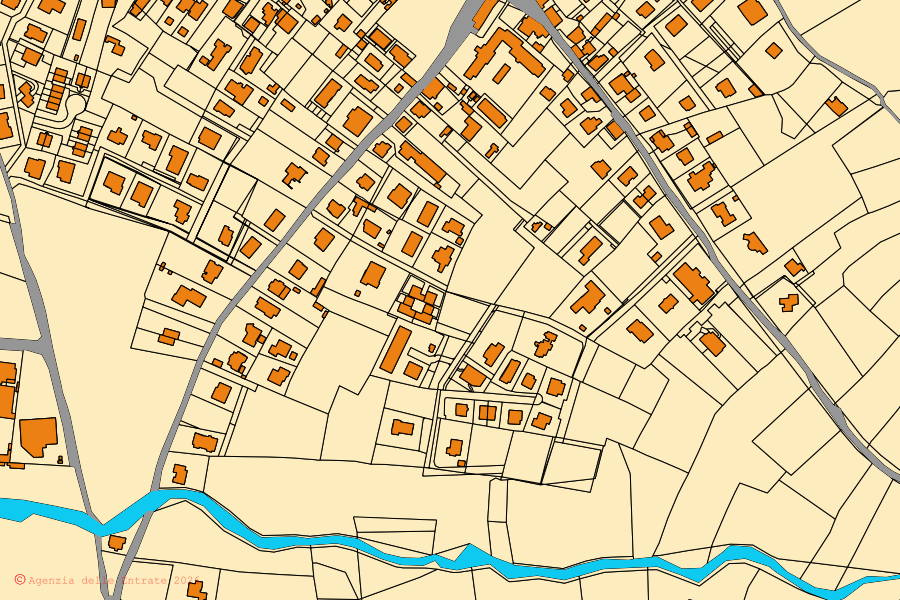 Cadastral map of the centre of Campello sul Clitunno: parcels and buildings, Agenzia delle Entrate cartography