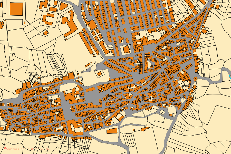 Cadastral map of the centre of Campofranco: parcels and buildings, Agenzia delle Entrate cartography