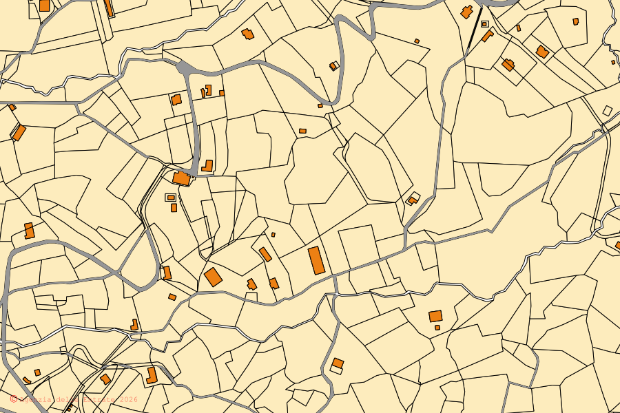 Cadastral map of the centre of Camporgiano: parcels and buildings, Agenzia delle Entrate cartography