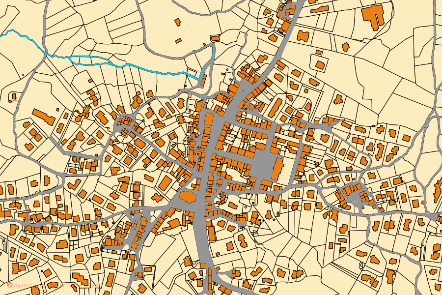 Cadastral map of the centre of Canale Monterano: parcels and buildings, Agenzia delle Entrate cartography