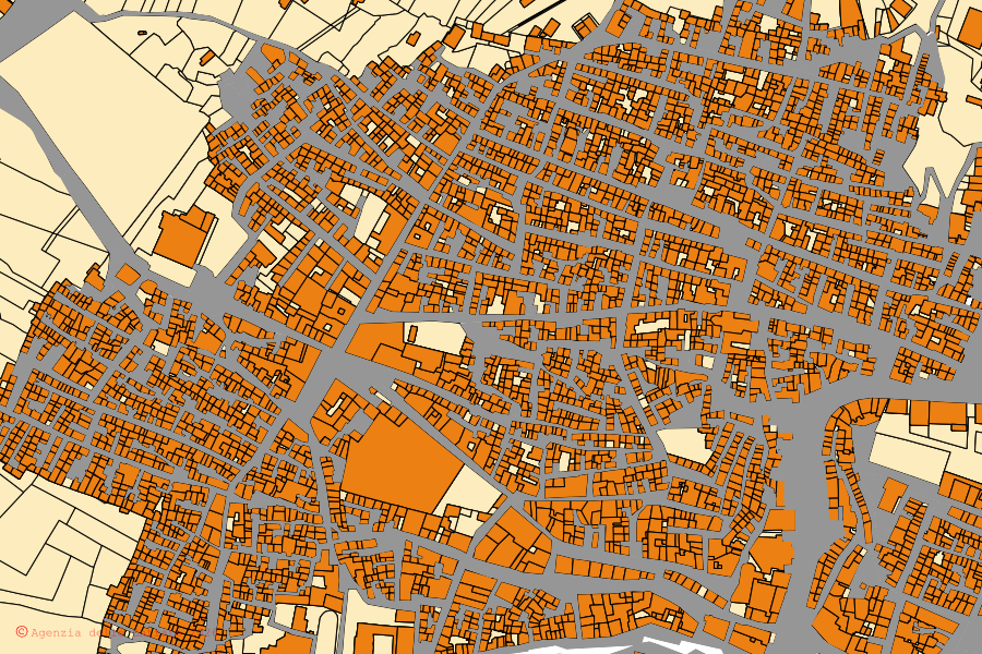 Cadastral map of the centre of Canicattì: parcels and buildings, Agenzia delle Entrate cartography