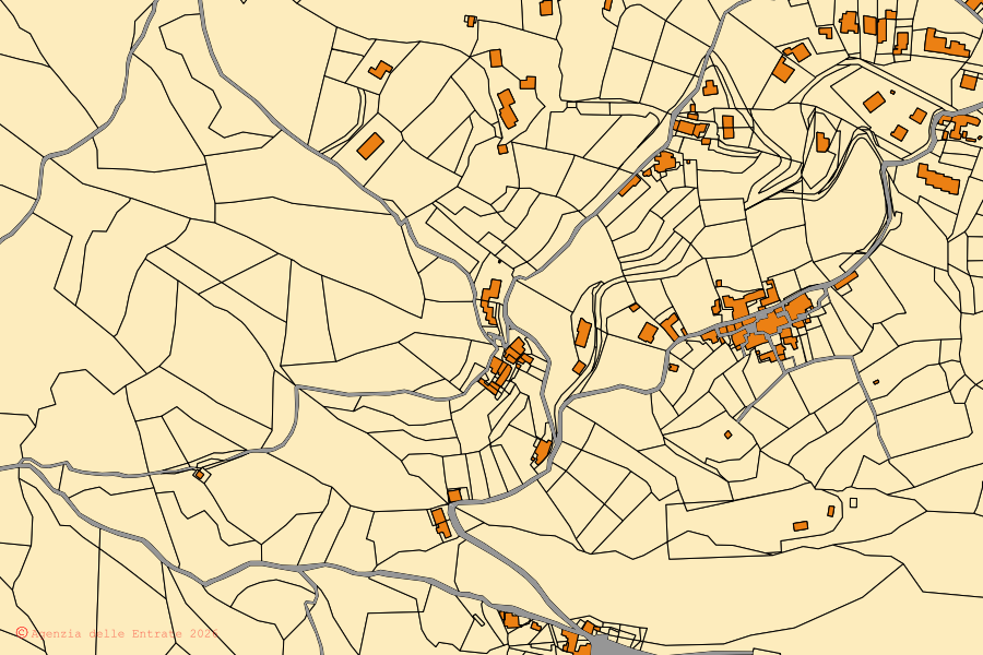 Cadastral map of the centre of Cantagallo: parcels and buildings, Agenzia delle Entrate cartography