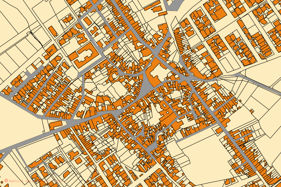 Cadastral map of the centre of Caprarica di Lecce: parcels and buildings, Agenzia delle Entrate cartography