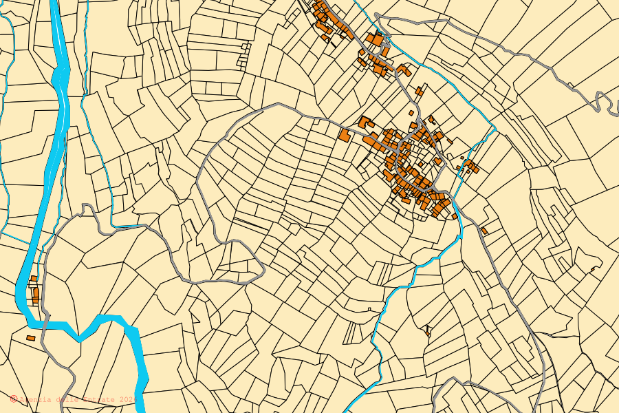 Cadastral map of the centre of Caprie: parcels and buildings, Agenzia delle Entrate cartography