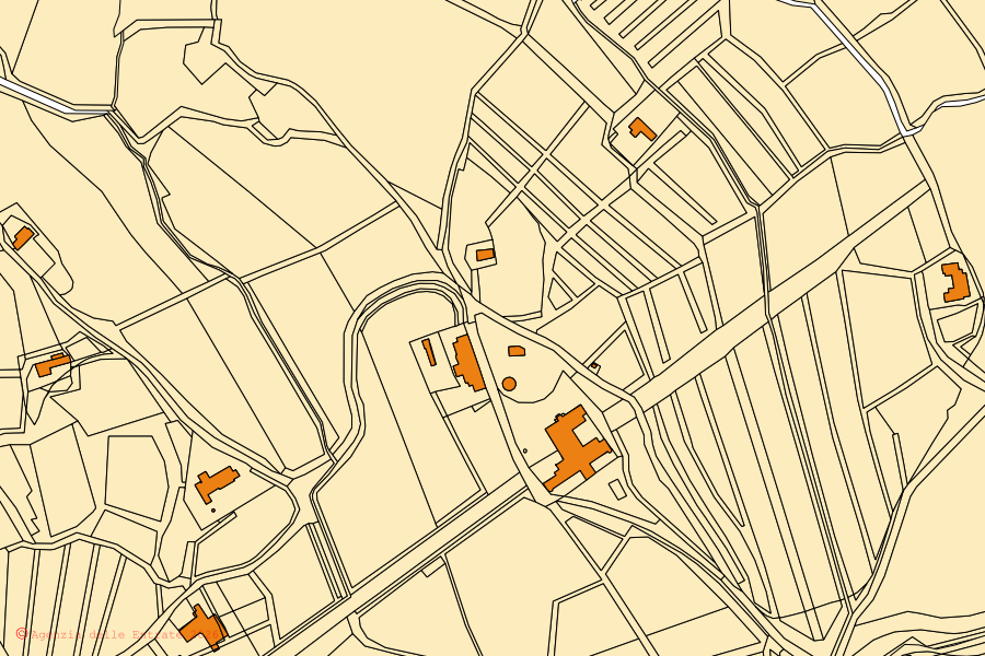 Cadastral map of the centre of Capriva del Friuli: parcels and buildings, Agenzia delle Entrate cartography
