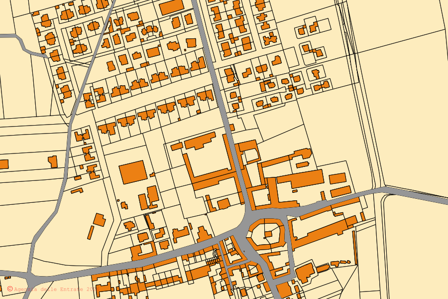 Cadastral map of the centre of Casalbeltrame: parcels and buildings, Agenzia delle Entrate cartography