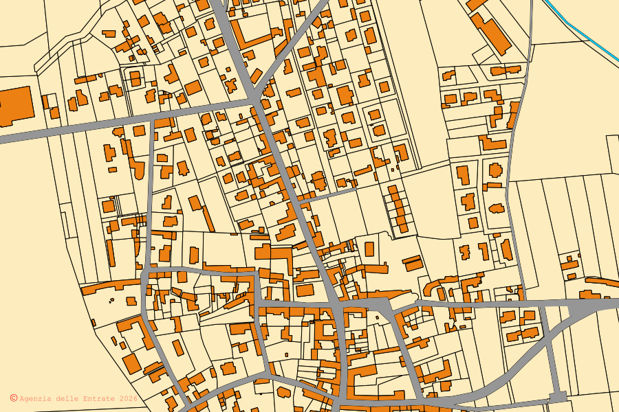 Cadastral map of the centre of Casaleggio Novara: parcels and buildings, Agenzia delle Entrate cartography