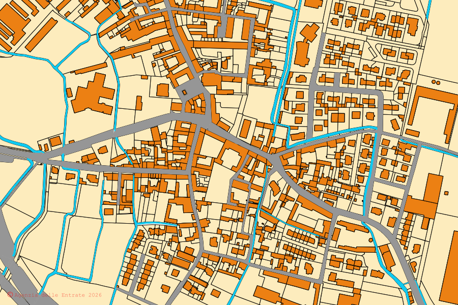 Cadastral map of the centre of Casalmorano: parcels and buildings, Agenzia delle Entrate cartography