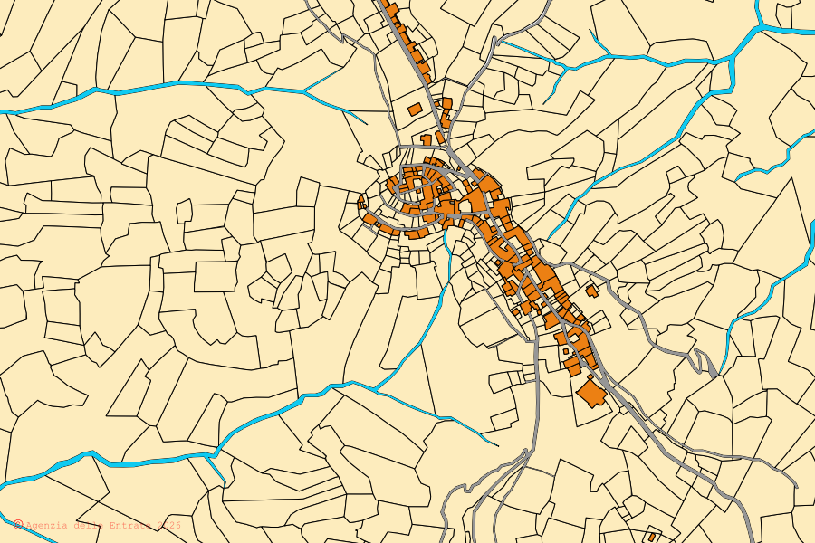 Cadastral map of the centre of Casola in Lunigiana: parcels and buildings, Agenzia delle Entrate cartography