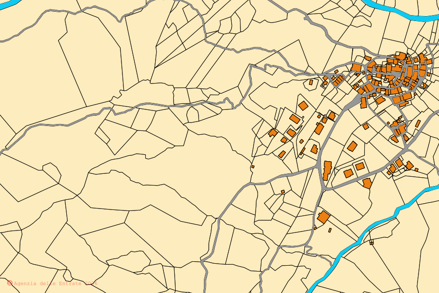 Cadastral map of the centre of Castel Focognano: parcels and buildings, Agenzia delle Entrate cartography