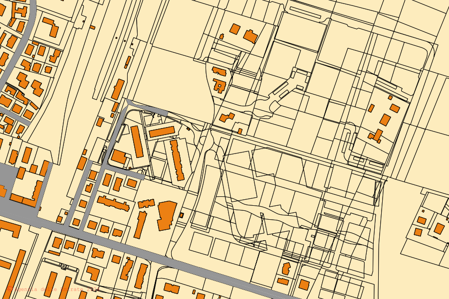 Cadastral map of the centre of Castel Maggiore: parcels and buildings, Agenzia delle Entrate cartography