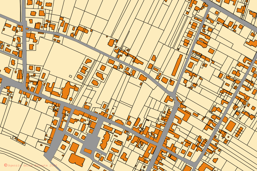 Cadastral map of the centre of Castelbaldo: parcels and buildings, Agenzia delle Entrate cartography