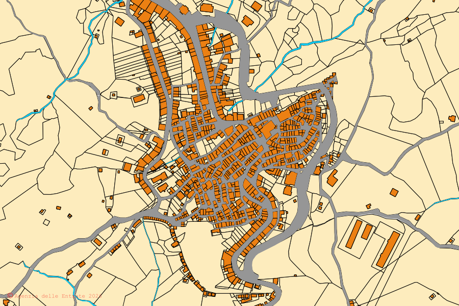 Cadastral map of the centre of Castell'Azzara: parcels and buildings, Agenzia delle Entrate cartography