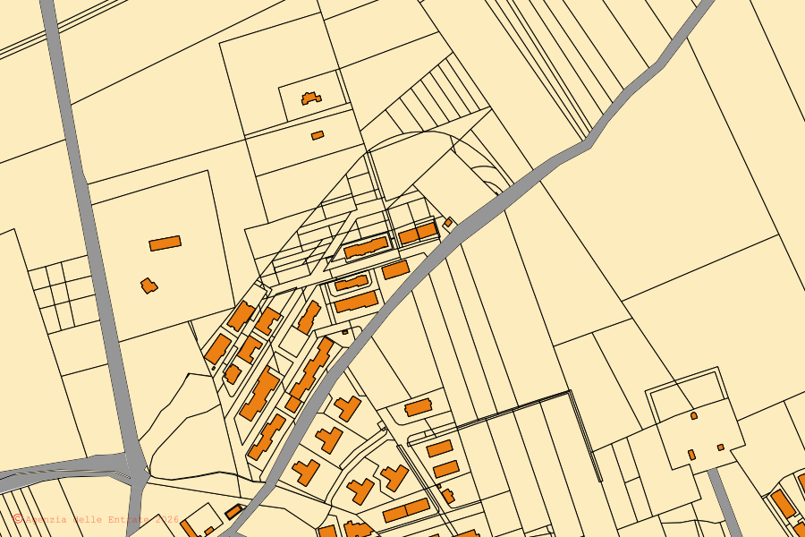 Cadastral map of the centre of Castelluccio dei Sauri: parcels and buildings, Agenzia delle Entrate cartography