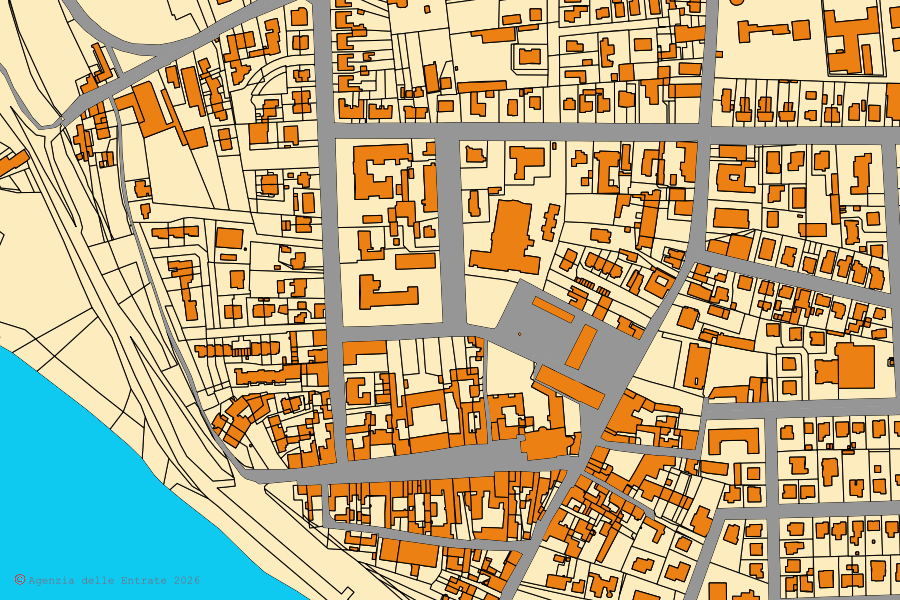 Cadastral map of the centre of Castelmassa: parcels and buildings, Agenzia delle Entrate cartography