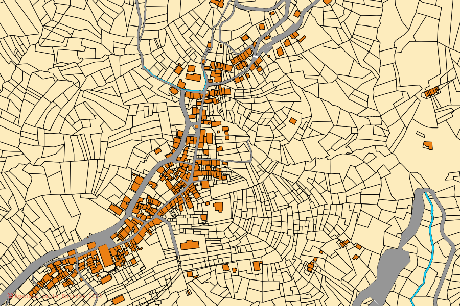 Cadastral map of the centre of Castelnuovo Nigra: parcels and buildings, Agenzia delle Entrate cartography