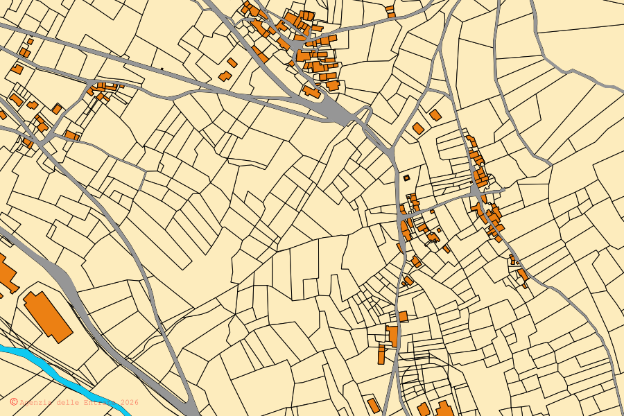 Cadastral map of the centre of Castelsantangelo sul Nera: parcels and buildings, Agenzia delle Entrate cartography