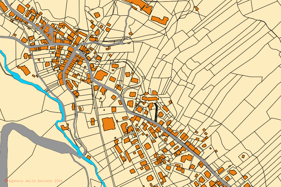 Cadastral map of the centre of Castiglione d'Orcia: parcels and buildings, Agenzia delle Entrate cartography