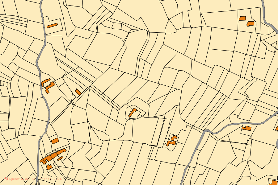 Cadastral map of the centre of Castiglione Tinella: parcels and buildings, Agenzia delle Entrate cartography