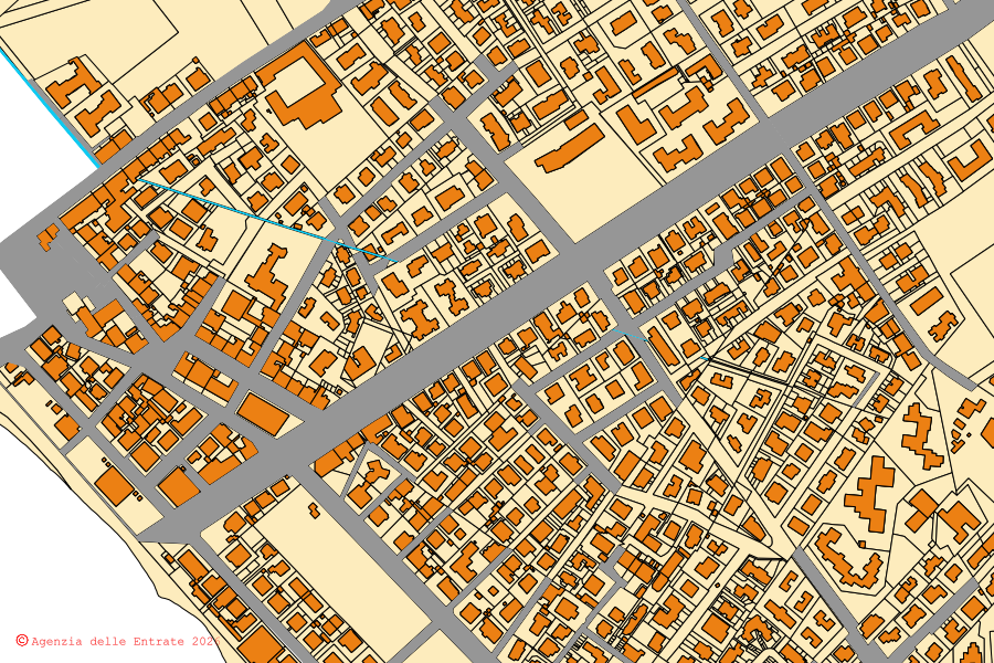 Cadastral map of the centre of Cecina: parcels and buildings, Agenzia delle Entrate cartography