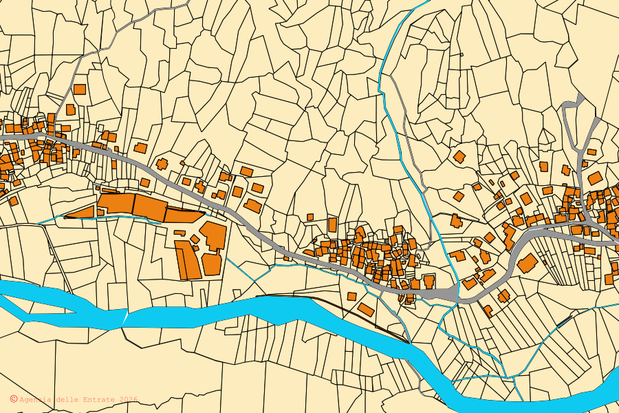 Cadastral map of the centre of Chialamberto: parcels and buildings, Agenzia delle Entrate cartography