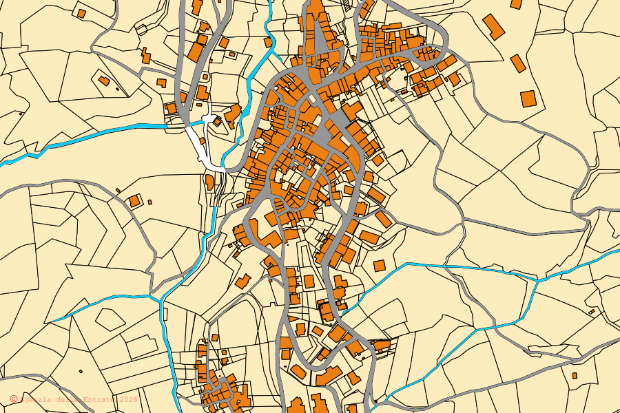 Cadastral map of the centre of Chianni: parcels and buildings, Agenzia delle Entrate cartography