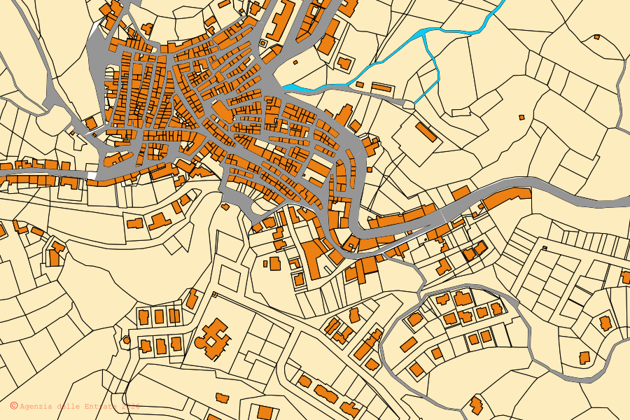 Cadastral map of the centre of Chiaramonti: parcels and buildings, Agenzia delle Entrate cartography