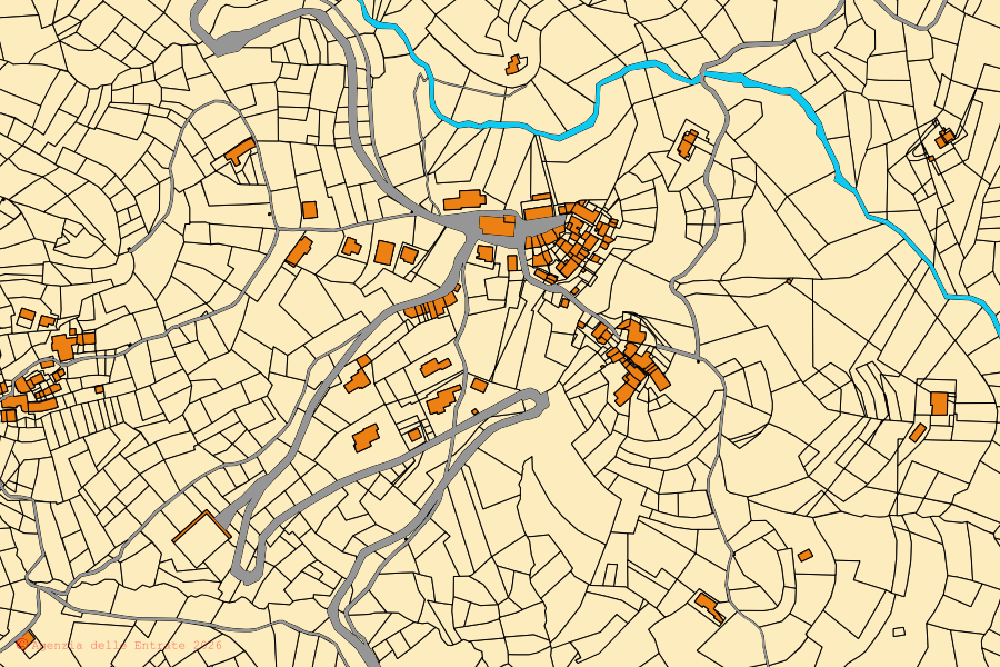 Cadastral map of the centre of Chiesanuova: parcels and buildings, Agenzia delle Entrate cartography