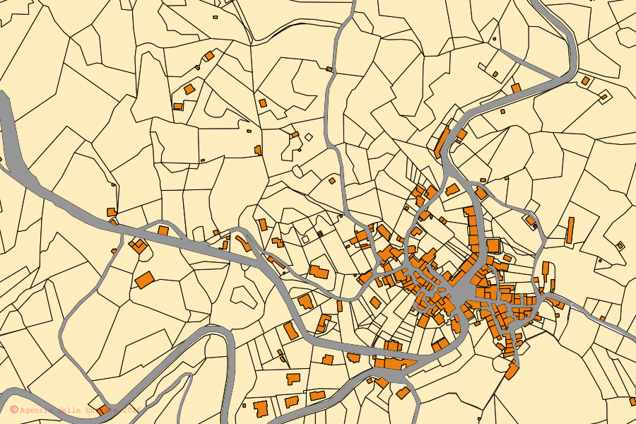 Cadastral map of the centre of Chiusdino: parcels and buildings, Agenzia delle Entrate cartography