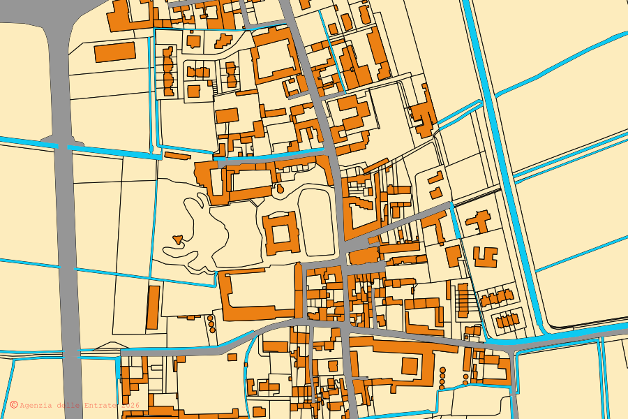 Cadastral map of the centre of Cicognolo: parcels and buildings, Agenzia delle Entrate cartography
