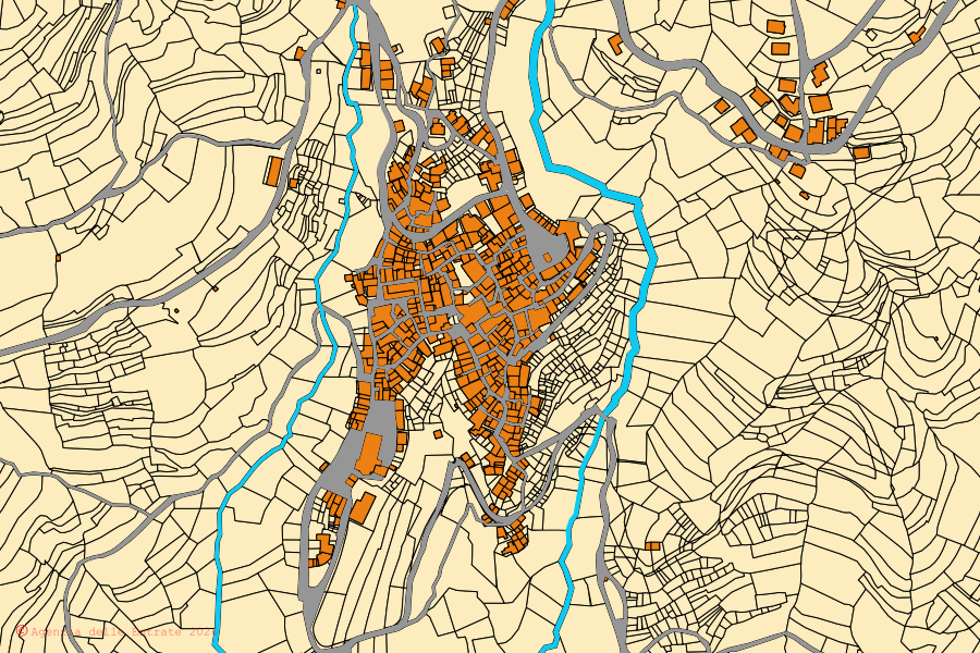 Cadastral map of the centre of Cosio d'Arroscia: parcels and buildings, Agenzia delle Entrate cartography
