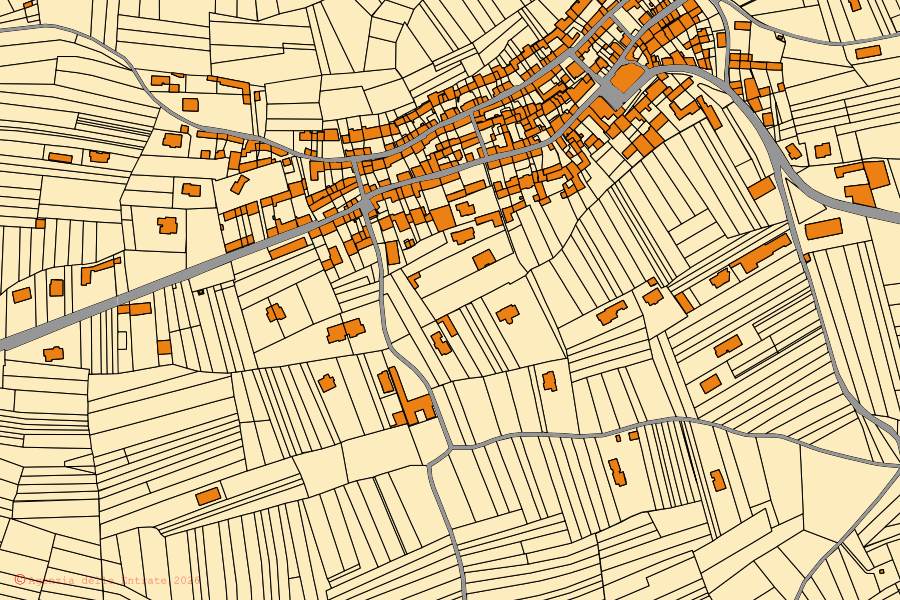 Cadastral map of the centre of Cossano Canavese: parcels and buildings, Agenzia delle Entrate cartography
