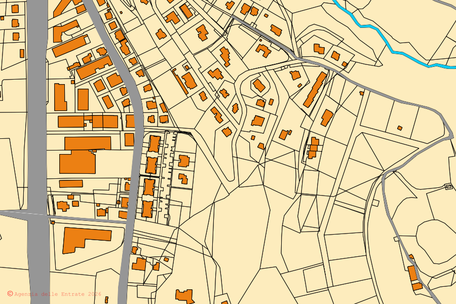 Cadastral map of the centre of Deruta: parcels and buildings, Agenzia delle Entrate cartography
