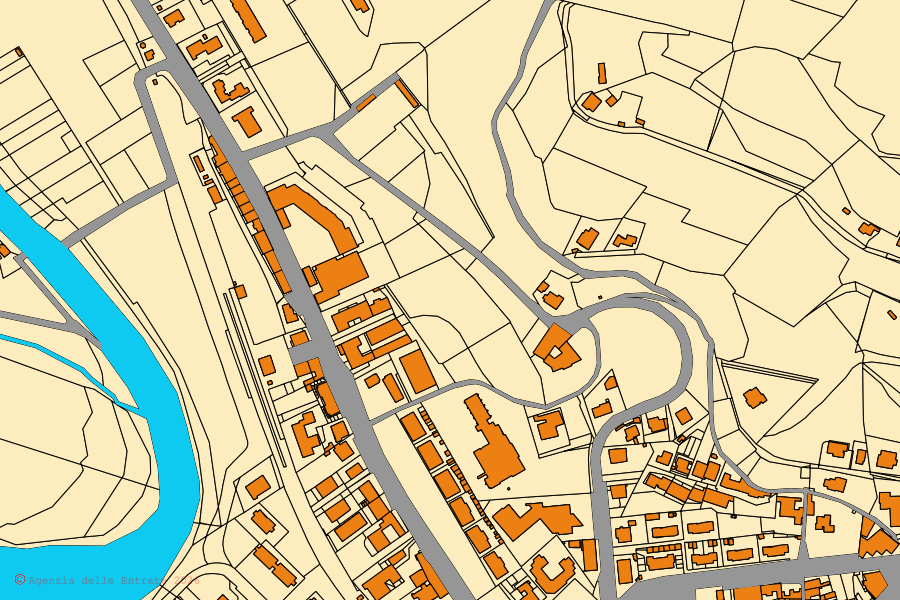 Cadastral map of the centre of Dicomano: parcels and buildings, Agenzia delle Entrate cartography
