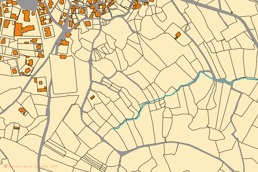 Cadastral map of the centre of Dualchi: parcels and buildings, Agenzia delle Entrate cartography
