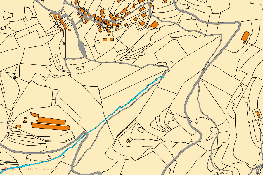 Cadastral map of the centre of Erbezzo: parcels and buildings, Agenzia delle Entrate cartography