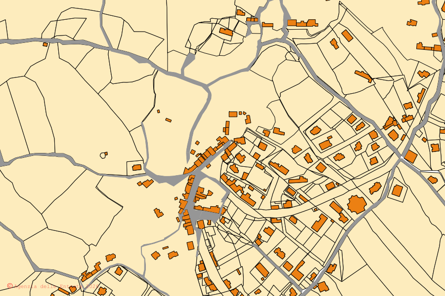 Cadastral map of the centre of Erula: parcels and buildings, Agenzia delle Entrate cartography