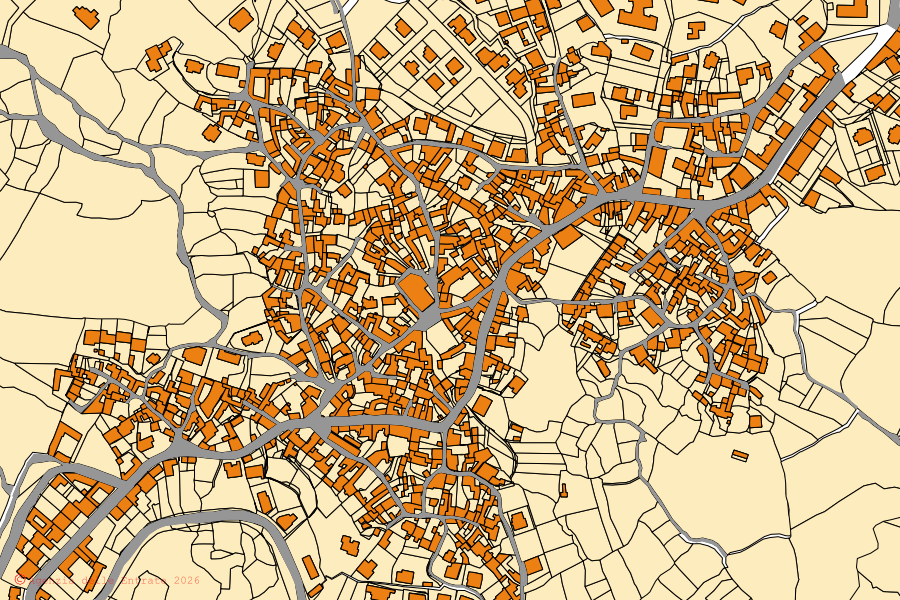 Cadastral map of the centre of Escalaplano: parcels and buildings, Agenzia delle Entrate cartography