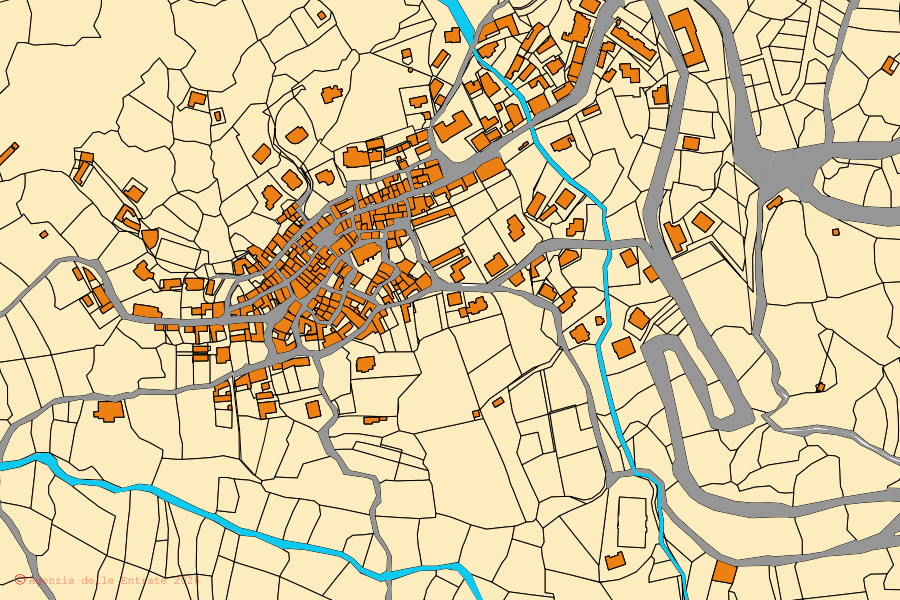 Cadastral map of the centre of Esporlatu: parcels and buildings, Agenzia delle Entrate cartography