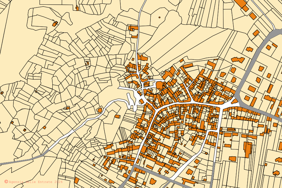 Cadastral map of the centre of Fiorano Canavese: parcels and buildings, Agenzia delle Entrate cartography