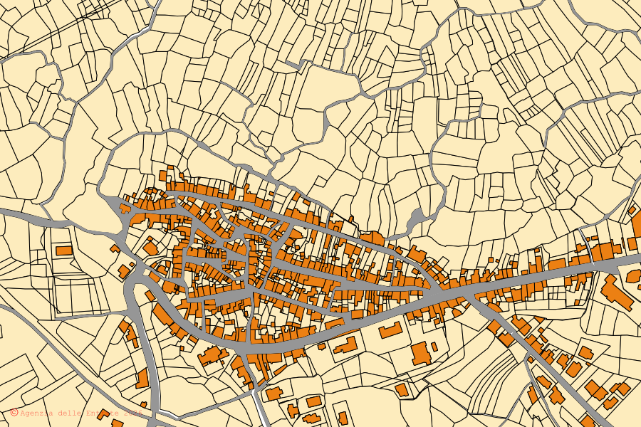 Cadastral map of the centre of Flussio: parcels and buildings, Agenzia delle Entrate cartography
